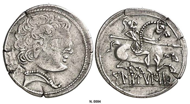 Denario ceca Kolounioku en alfabeto ibérico (Clunia)