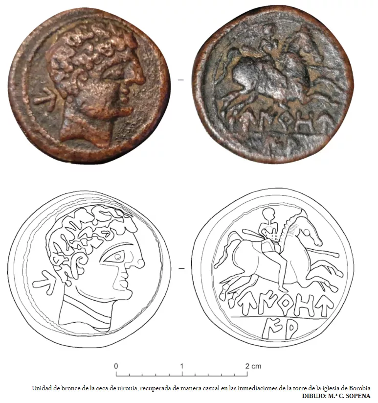 Moneda de bronce de la ceca de Uirouia, hallada en Borobia