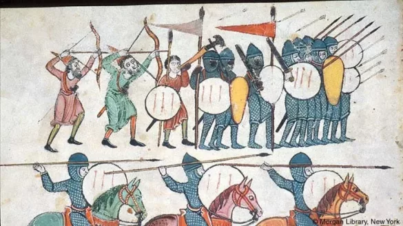 Peones andalusíes. Arqueros con arco compuesto. Beato de las Huelgas (c. 1220)