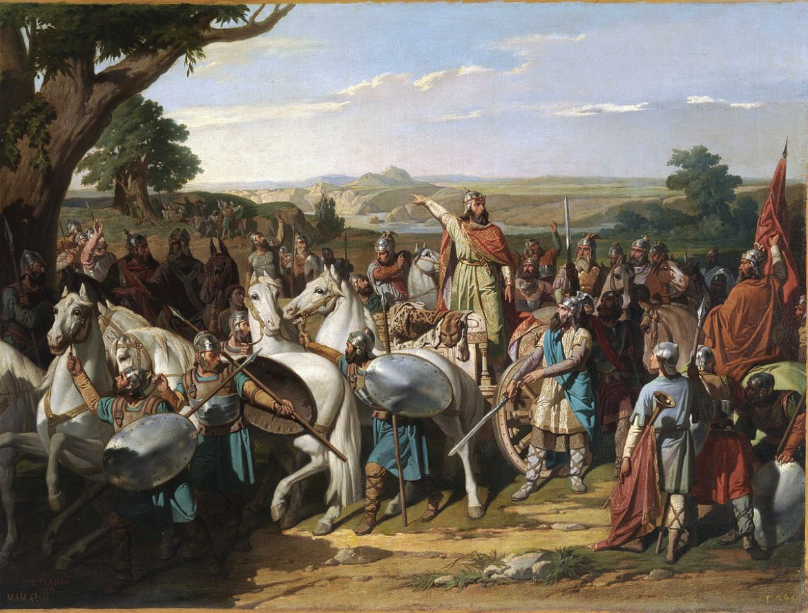 El rey Don Rodrigo arengando a sus tropas en la batalla de Guadalete, de Bernardo Blanco. 1871. (Museo del Prado, Madrid).
