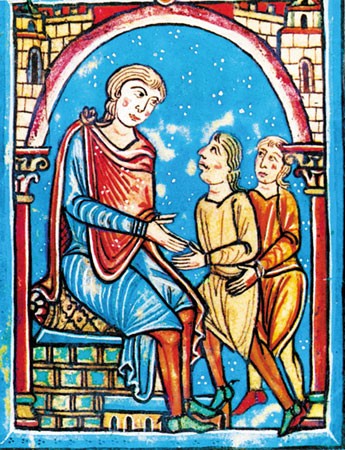 El conde Wifredo II de Cerdaña, en su trono, recibe el tributo de Isarn y Dalmau de Castellfollit por el castillo de Sant Esteve de Castellfollit. Liber feudorum Ceritaniae, fol. 1