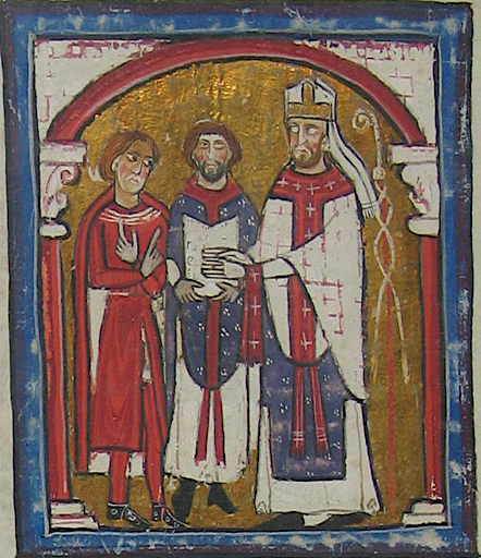 El obispo San Armengol de Urgel jura fidelidad al conde Wifredo II. Liber feudorum Ceritaniae, fol. 9v