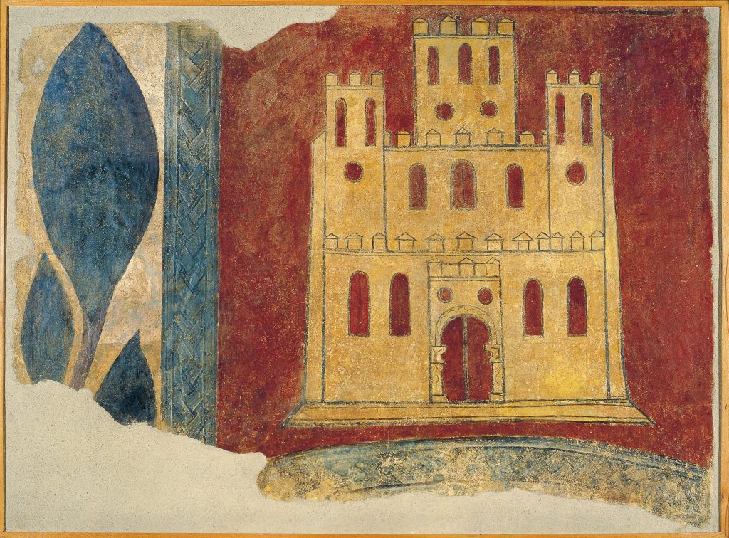 Escudo de Castilla en una pintura mural del monasterio de San Pedro de Arlanza (Burgos). Actualmente en el Museo Nacional de Arte de Cataluña Principios del siglo XIII.