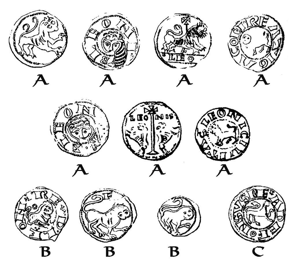 Monedas con leones del reino de León. A, de Alfonso VII; B de Fernando II; C, de Alfonso IX.