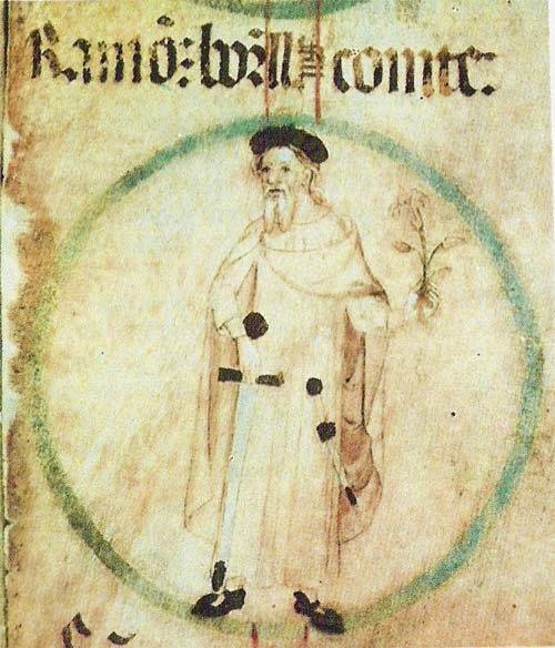 Representación del conde de Barcelona Ramón Borrell I que aparece recogida en una miniatura de "Genealogía de los Reyes de Aragón" del siglo XV conservada en el Monasterio de Poblet (Tarragona)