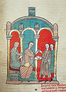 El conde Ramón Berenguer I y su esposa Almodís. Liber Feudorum Maior, (Archivo de la Corona de Aragón, Cancillería, Registros, n.º 1, fol. 83bis), h. 1200