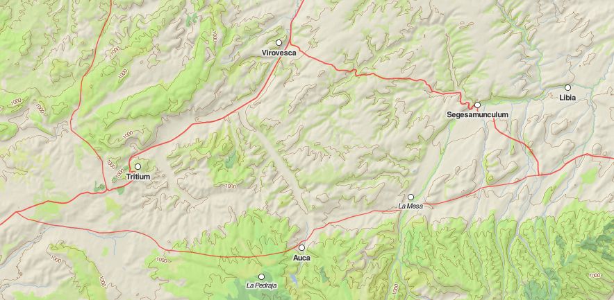 Ramal de calzada romana que pasaba por Auca. Mapa tomado de https://dh.gu.se/dare/