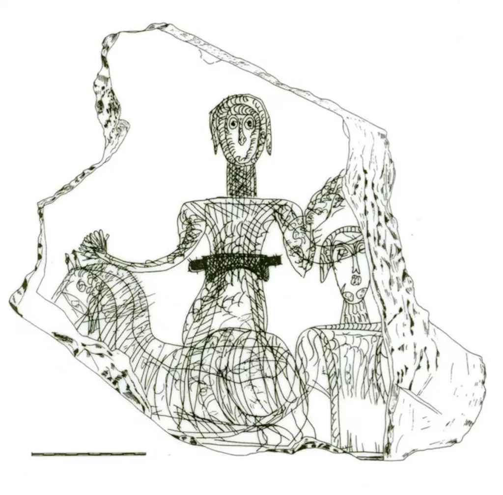 Supuesta representación de un guerrero alano en la pizarra hallada en San Vicente de Río Almar (Alconada, Salamanca)