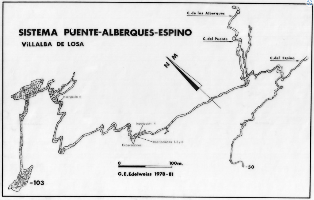 Mapa del complejo de cuevas de Villalba de Losa y situación de las inscripciones. Fuente: Grupo Edelweiss.