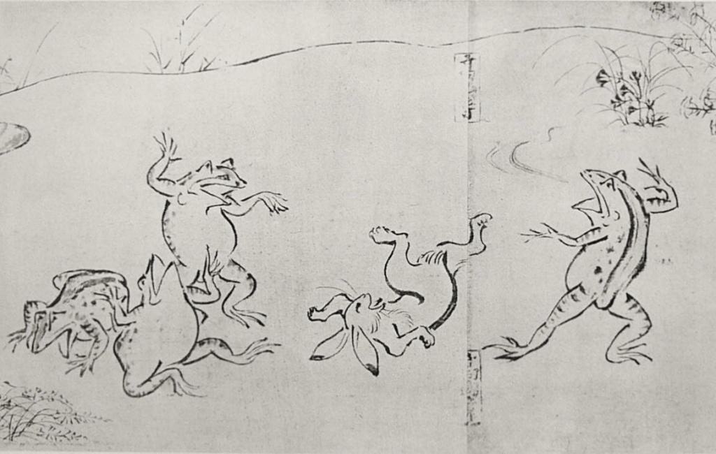 Animales compitiendo en una lucha de sumo. Dibujo del primer rollo de Chōjugiga