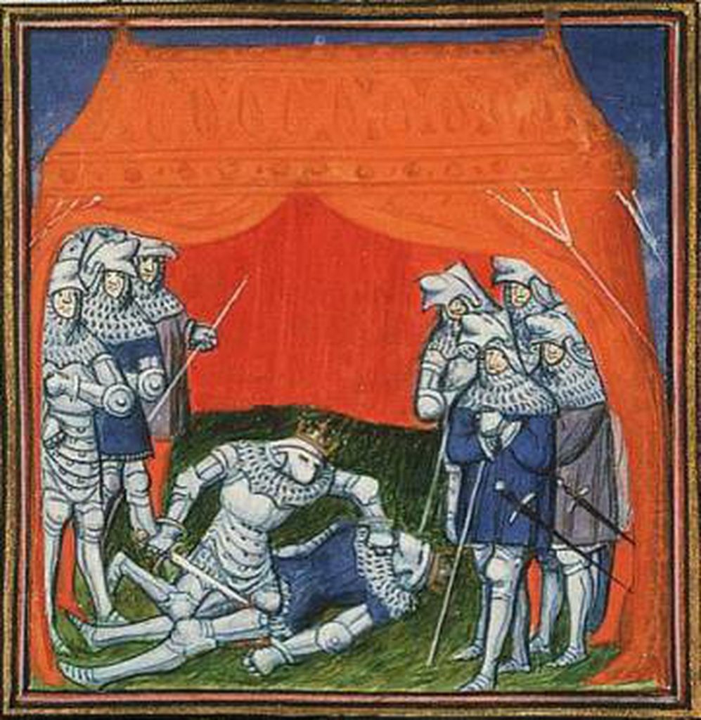 Enrique de Trastámara asesina a Pedro I de Castilla y León. Jean Froissart, Chroniques (Vol. I), c. 1410 