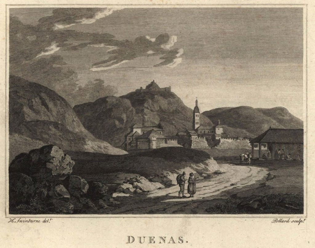 Grabado de Dueñas de R. Pollard (1808)