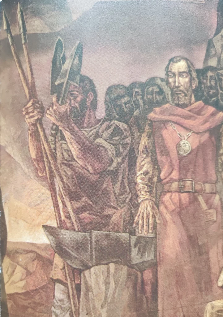 El forjador de lanzas y rejas y el conde Fernán González en el mural de la fundación de Castilla de Vela Zanetti