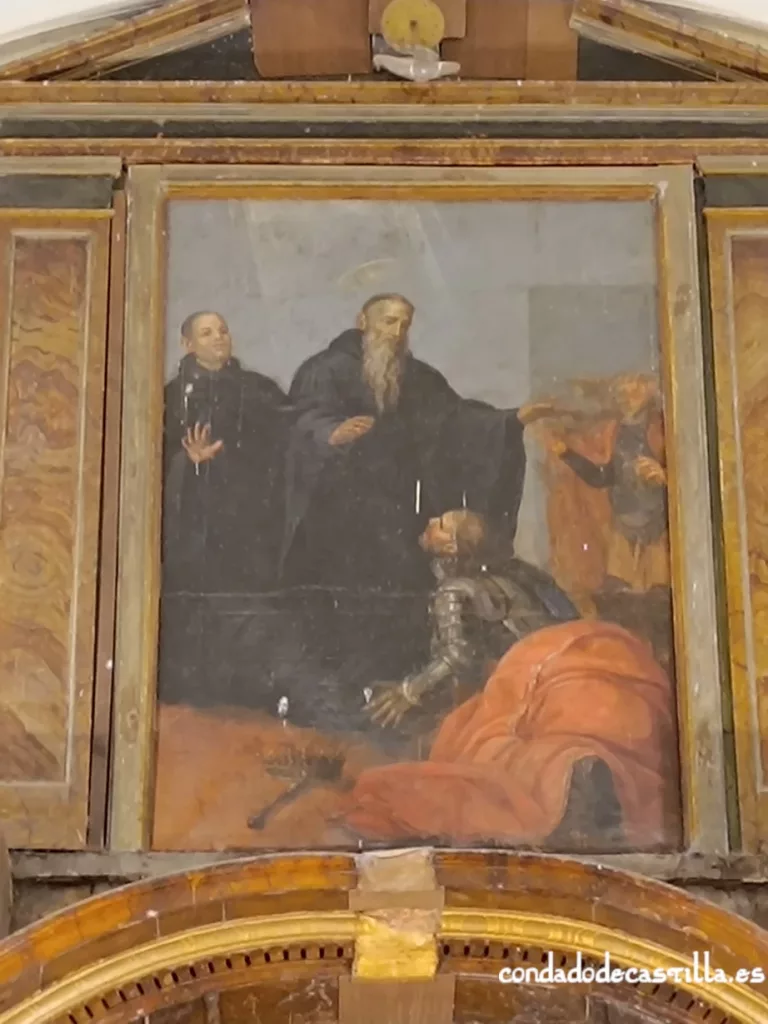 Chindasvinto arrodillado frente a San Benito. Óleo en el retablo mayor de San Román de Hornija